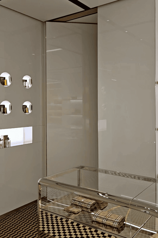 Burberry Bond Street store in London features pivot doors to the interior
