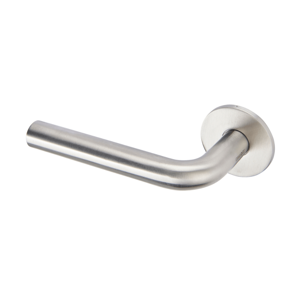 Markham lever handle in satin stainless steel finish